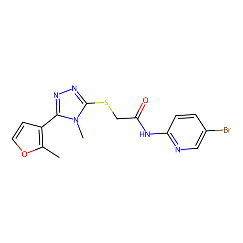 N-(5-bromopyridin-2-yl)-2-[[4-methyl-5-(2-methylfuran-3-yl)-1,2,4-triazol-3-yl]sulfanyl]acetamide structure