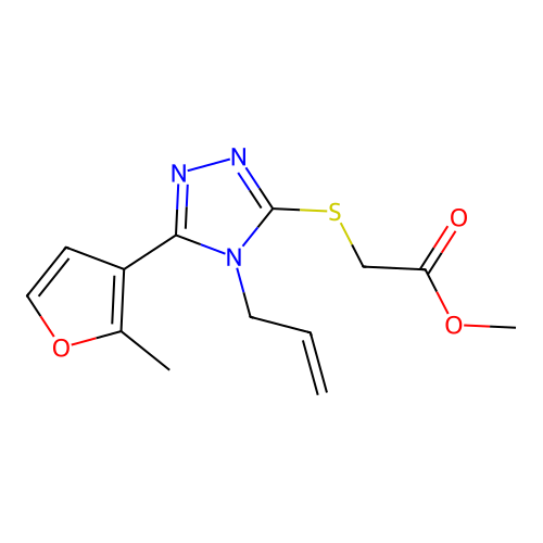 methyl 2-((4-allyl-5-(2-methylfuran-3-yl)-4H-1,2,4-triazol-3-yl)thio)acetate structure