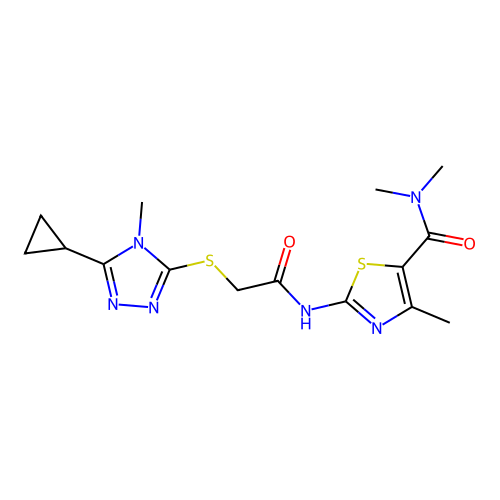 2-({[(5-cyclopropyl-4-methyl-4H-1,2,4-triazol-3-yl)sulfanyl]acetyl}amino)-N,N,4-trimethyl-1,3-thiazole-5-carboxamide structure