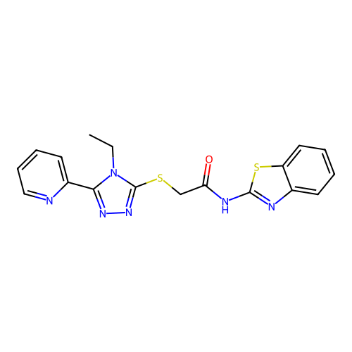 N-(1,3-benzothiazol-2-yl)-2-[(4-ethyl-5-pyridin-2-yl-1,2,4-triazol-3-yl)sulfanyl]acetamide structure