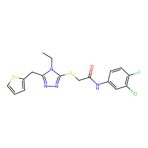 N-(3-chloro-4-fluorophenyl)-2-{[4-ethyl-5-(thiophen-2-ylmethyl)-4H-1,2,4-triazol-3-yl]sulfanyl}acetamide structure