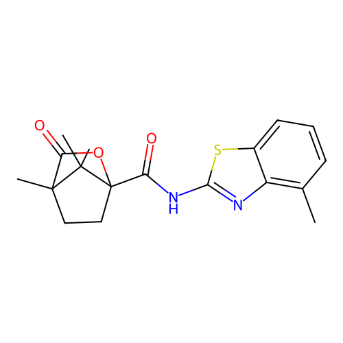 1,7,7-trimethyl-N-(4-methyl-1,3-benzothiazol-2-yl)-2-oxo-3-oxabicyclo[2.2.1]heptane-4-carboxamide structure