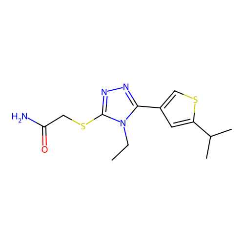2-[[4-Ethyl-5-(5-propan-2-ylthiophen-3-yl)-1,2,4-triazol-3-yl]sulfanyl]acetamide structure