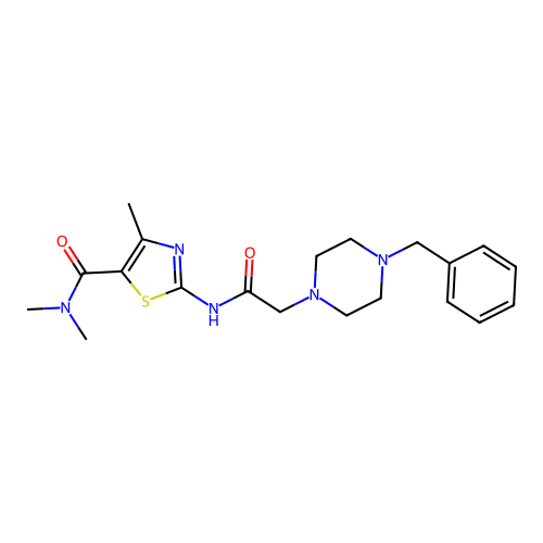 2-[[2-(4-benzylpiperazin-1-yl)acetyl]amino]-N,N,4-trimethyl-1,3-thiazole-5-carboxamide structure