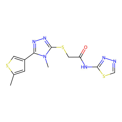 2-[[4-methyl-5-(5-methylthiophen-3-yl)-1,2,4-triazol-3-yl]sulfanyl]-N-(1,3,4-thiadiazol-2-yl)acetamide structure