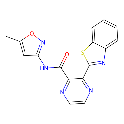 3-(1,3-benzothiazol-2-yl)-N-(5-methyl-1,2-oxazol-3-yl)pyrazine-2-carboxamide structure