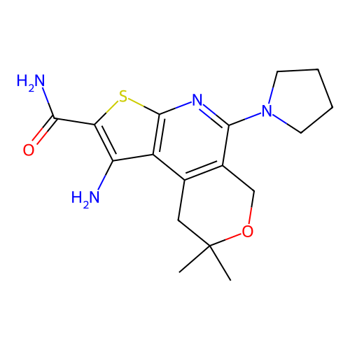 1-amino-8,8-dimethyl-5-(pyrrolidin-1-yl)-8,9-dihydro-6H-pyrano[4,3-d]thieno[2,3-b]pyridine-2-carboxamide structure
