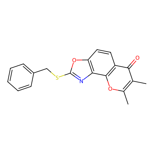 6H-Pyrano[2,3-e]benzoxazol-6-one, 7,8-dimethyl-2-[(phenylmethyl)thio]- structure