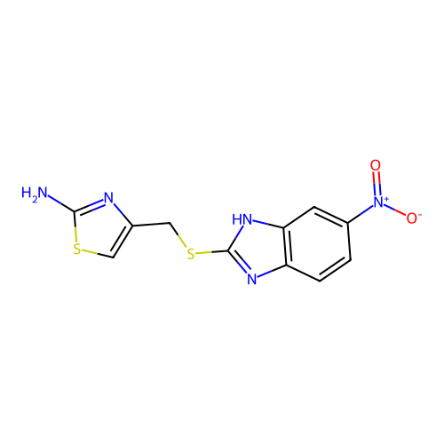 4-(((5-nitro-1H-benzo[d]imidazol-2-yl)thio)methyl)thiazol-2-amine structure