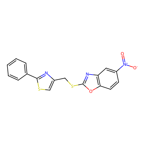 5-Nitro-2-(((2-phenylthiazol-4-yl)methyl)thio)benzo[d]oxazole structure