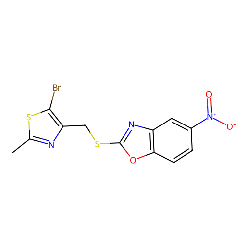 2-(((5-Bromo-2-methylthiazol-4-yl)methyl)thio)-5-nitrobenzo[d]oxazole structure