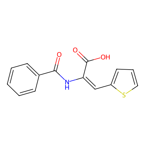 (E)-2-benzamido-3-thiophen-2-ylprop-2-enoic acid structure