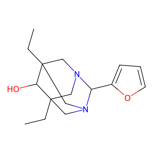 (1r,5R,7S)-5,7-diethyl-2-(furan-2-yl)-1,3-diazaadamantan-6-ol structure