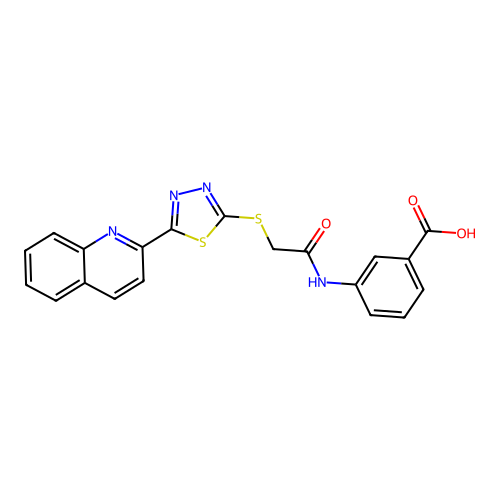3-[({[5-(Quinolin-2-yl)-1,3,4-thiadiazol-2-yl]sulfanyl}acetyl)amino]benzoic acid structure