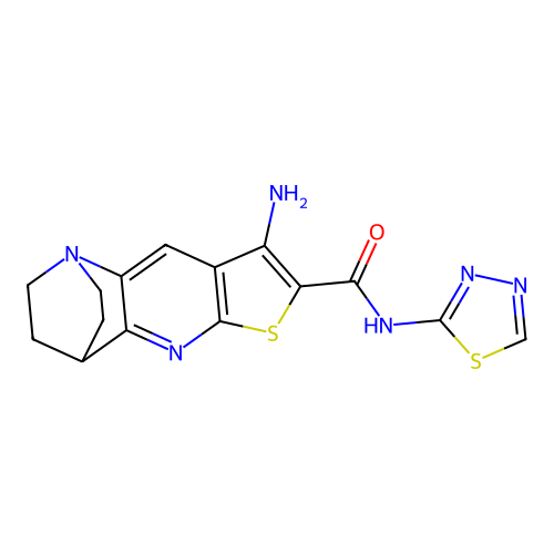 8-amino-N-(1,3,4-thiadiazol-2-yl)-3,4-dihydro-2H-1,4-ethanothieno[2,3-b][1,5]naphthyridine-7-carboxamide structure