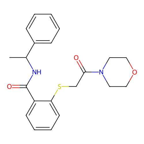 2-(2-morpholin-4-yl-2-oxoethyl)sulfanyl-N-(1-phenylethyl)benzamide structure