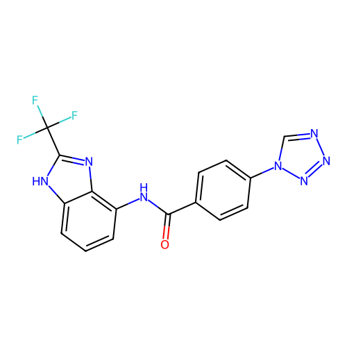 4-(1H-tetrazol-1-yl)-N-[2-(trifluoromethyl)-1H-benzimidazol-4-yl]benzamide structure