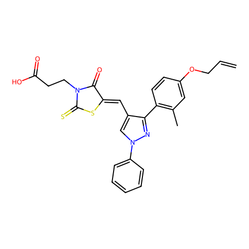 3-[(5Z)-5-({3-[2-methyl-4-(prop-2-en-1-yloxy)phenyl]-1-phenyl-1H-pyrazol-4-yl}methylidene)-4-oxo-2-thioxo-1,3-thiazolidin-3-yl]propanoic acid structure