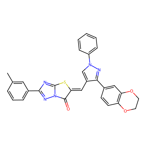 (5Z)-5-{[3-(2,3-dihydro-1,4-benzodioxin-6-yl)-1-phenyl-1H-pyrazol-4-yl]methylidene}-2-(3-methylphenyl)[1,3]thiazolo[3,2-b][1,2,4]triazol-6(5H)-one structure