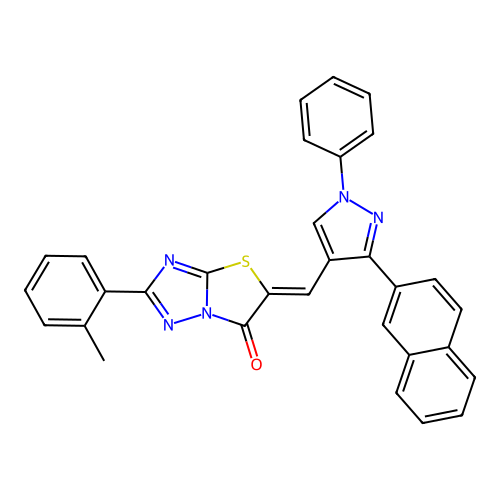 (5Z)-2-(2-methylphenyl)-5-{[3-(naphthalen-2-yl)-1-phenyl-1H-pyrazol-4-yl]methylidene}[1,3]thiazolo[3,2-b][1,2,4]triazol-6(5H)-one structure