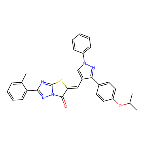 (5Z)-2-(2-methylphenyl)-5-({1-phenyl-3-[4-(propan-2-yloxy)phenyl]-1H-pyrazol-4-yl}methylidene)[1,3]thiazolo[3,2-b][1,2,4]triazol-6(5H)-one structure