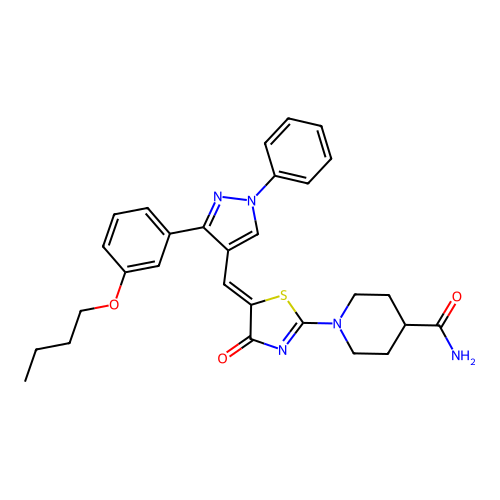 1-[(5Z)-5-{[3-(3-butoxyphenyl)-1-phenyl-1H-pyrazol-4-yl]methylidene}-4-oxo-4,5-dihydro-1,3-thiazol-2-yl]piperidine-4-carboxamide structure