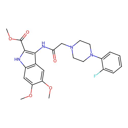 methyl 3-({[4-(2-fluorophenyl)piperazin-1-yl]acetyl}amino)-5,6-dimethoxy-1H-indole-2-carboxylate structure