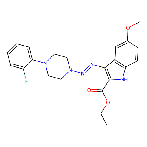 ethyl 3-{(E)-[4-(2-fluorophenyl)piperazin-1-yl]diazenyl}-5-methoxy-1H-indole-2-carboxylate structure