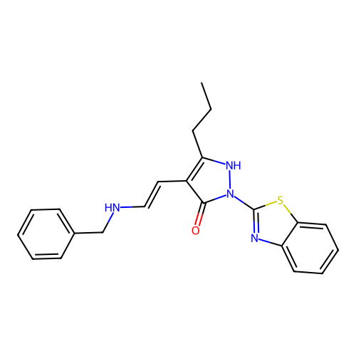 (E)-2-(benzo[d]thiazol-2-yl)-4-(2-(benzylamino)vinyl)-5-propyl-1H-pyrazol-3(2H)-one structure