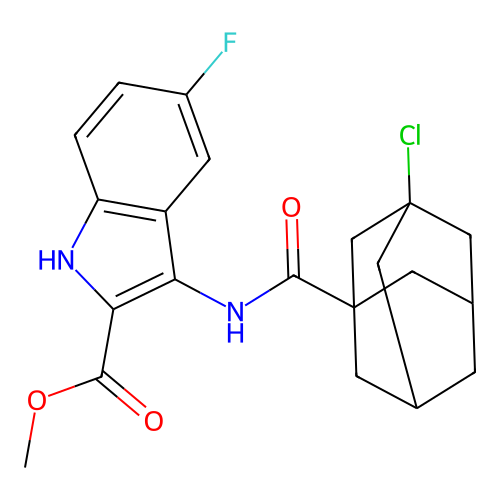 methyl 3-{[(3-chlorotricyclo[3.3.1.1~3,7~]dec-1-yl)carbonyl]amino}-5-fluoro-1H-indole-2-carboxylate structure