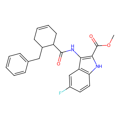 methyl 3-[(6-benzylcyclohex-3-ene-1-carbonyl)amino]-5-fluoro-1H-indole-2-carboxylate structure