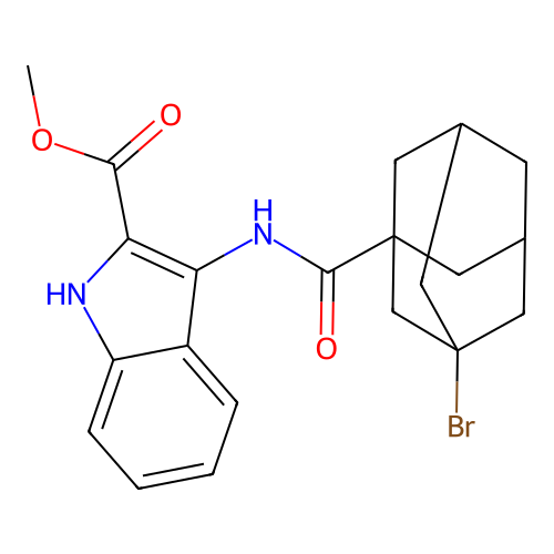 methyl 3-((1r,3s,5R,7S)-3-bromoadamantane-1-carboxamido)-1H-indole-2-carboxylate structure