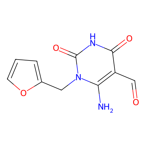 6-amino-1-(furan-2-ylmethyl)-2,4-dioxo-1,2,3,4-tetrahydropyrimidine-5-carbaldehyde structure