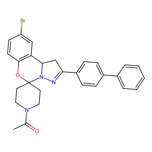 1-[9-bromo-2-(4-phenylphenyl)spiro[1,10b-dihydropyrazolo[1,5-c][1,3]benzoxazine-5,4'-piperidine]-1'-yl]ethanone structure