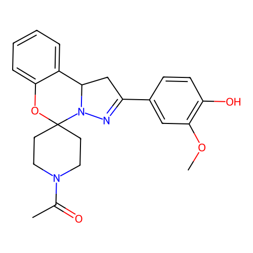 1-(2-(4-hydroxy-3-methoxyphenyl)-1,10b-dihydrospiro[benzo[e]pyrazolo[1,5-c][1,3]oxazine-5,4'-piperidin]-1'-yl)ethanone structure