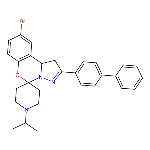 2'-(biphenyl-4-yl)-9'-bromo-1-(propan-2-yl)-1',10b'-dihydrospiro[piperidine-4,5'-pyrazolo[1,5-c][1,3]benzoxazine] structure