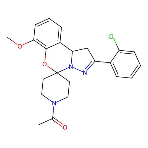 1-(2-(2-chlorophenyl)-7-methoxy-1,10b-dihydrospiro[benzo[e]pyrazolo[1,5-c][1,3]oxazine-5,4'-piperidin]-1'-yl)ethanone structure