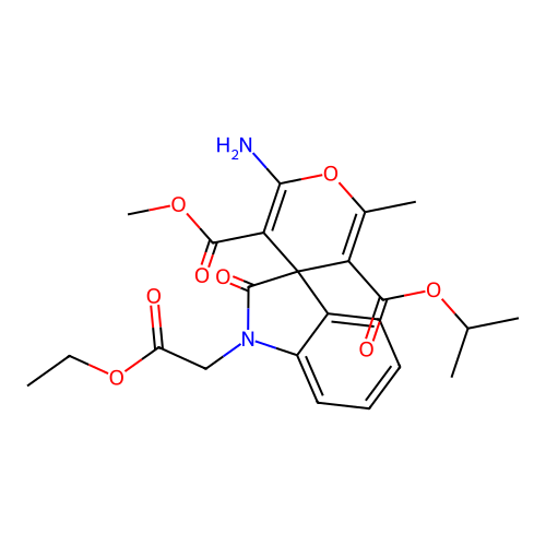 3'-methyl 5'-propan-2-yl 2'-amino-1-(2-ethoxy-2-oxoethyl)-6'-methyl-2-oxo-1,2-dihydrospiro[indole-3,4'-pyran]-3',5'-dicarboxylate structure