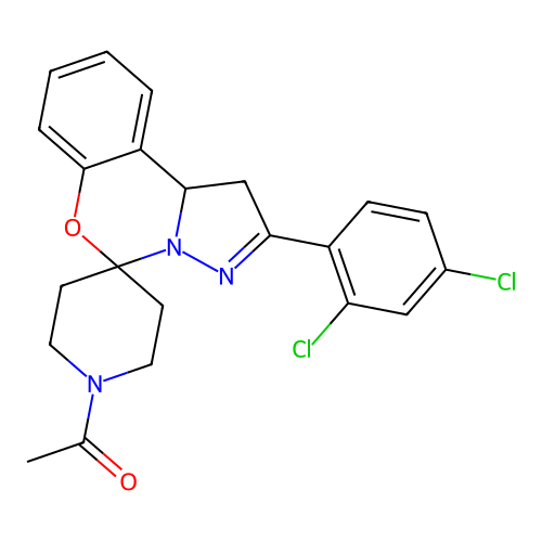 1-(2-(2,4-dichlorophenyl)-1,10b-dihydrospiro[benzo[e]pyrazolo[1,5-c][1,3]oxazine-5,4'-piperidin]-1'-yl)ethanone structure