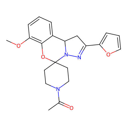 1-(2-(furan-2-yl)-7-methoxy-1,10b-dihydrospiro[benzo[e]pyrazolo[1,5-c][1,3]oxazine-5,4'-piperidin]-1'-yl)ethanone structure