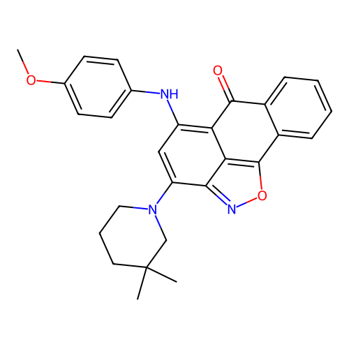 3-(3,3-dimethylpiperidin-1-yl)-5-((4-methoxyphenyl)amino)-6H-anthra[1,9-cd]isoxazol-6-one structure