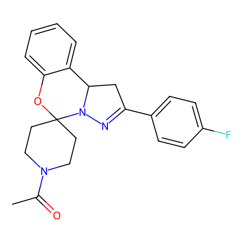 1-(2-(4-fluorophenyl)-1,10b-dihydrospiro[benzo[e]pyrazolo[1,5-c][1,3]oxazine-5,4'-piperidin]-1'-yl)ethanone structure
