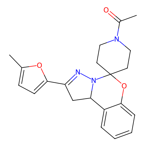 1-(2-(5-methylfuran-2-yl)-1,10b-dihydrospiro[benzo[e]pyrazolo[1,5-c][1,3]oxazine-5,4'-piperidin]-1'-yl)ethanone structure