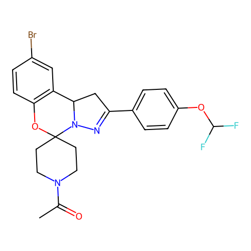 1-(9-bromo-2-(4-(difluoromethoxy)phenyl)-1,10b-dihydrospiro[benzo[e]pyrazolo[1,5-c][1,3]oxazine-5,4'-piperidin]-1'-yl)ethanone structure
