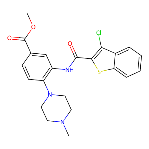 methyl 3-{[(3-chloro-1-benzothien-2-yl)carbonyl]amino}-4-(4-methyl-1-piperazinyl)benzoate structure
