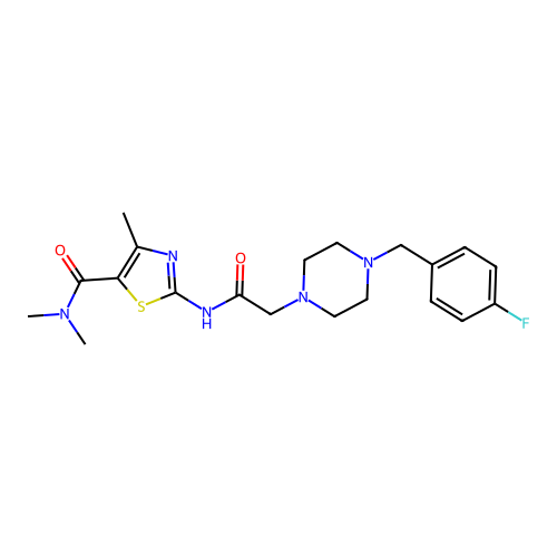2-[[2-[4-[(4-fluorophenyl)methyl]piperazin-1-yl]acetyl]amino]-N,N,4-trimethyl-1,3-thiazole-5-carboxamide structure
