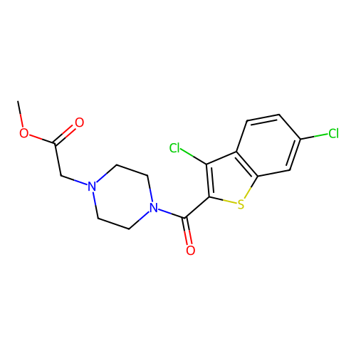 Methyl 2-{4-[(3,6-dichlorobenzo[b]thiophen-2-yl)carbonyl]piperazinyl}acetate structure
