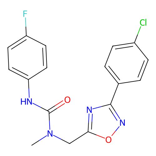 1-[[3-(4-chlorophenyl)-1,2,4-oxadiazol-5-yl]methyl]-3-(4-fluorophenyl)-1-methylurea structure