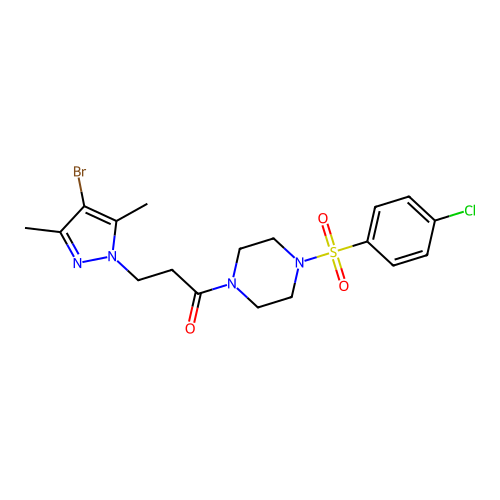 1-[3-(4-bromo-3,5-dimethyl-1H-pyrazol-1-yl)propanoyl]-4-[(4-chlorophenyl)sulfonyl]piperazine structure