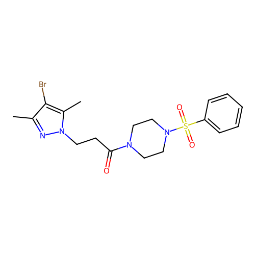 1-[3-(4-bromo-3,5-dimethyl-1H-pyrazol-1-yl)propanoyl]-4-(phenylsulfonyl)piperazine structure
